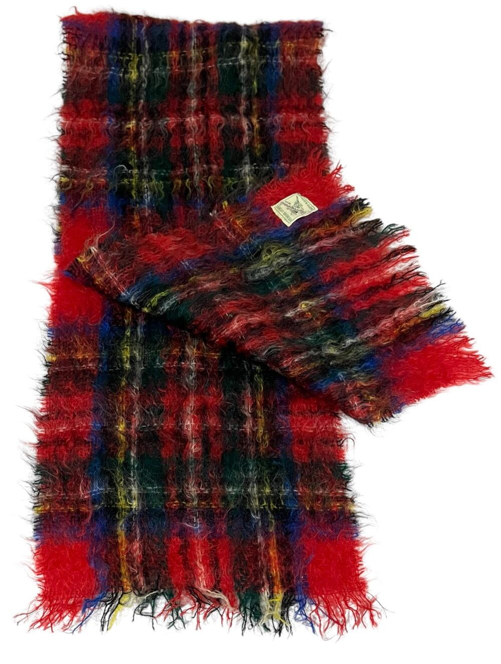 Yarrowvale Mohair Wool Scarf Woven in Scotland Red Green Plaid 48 X 10 In